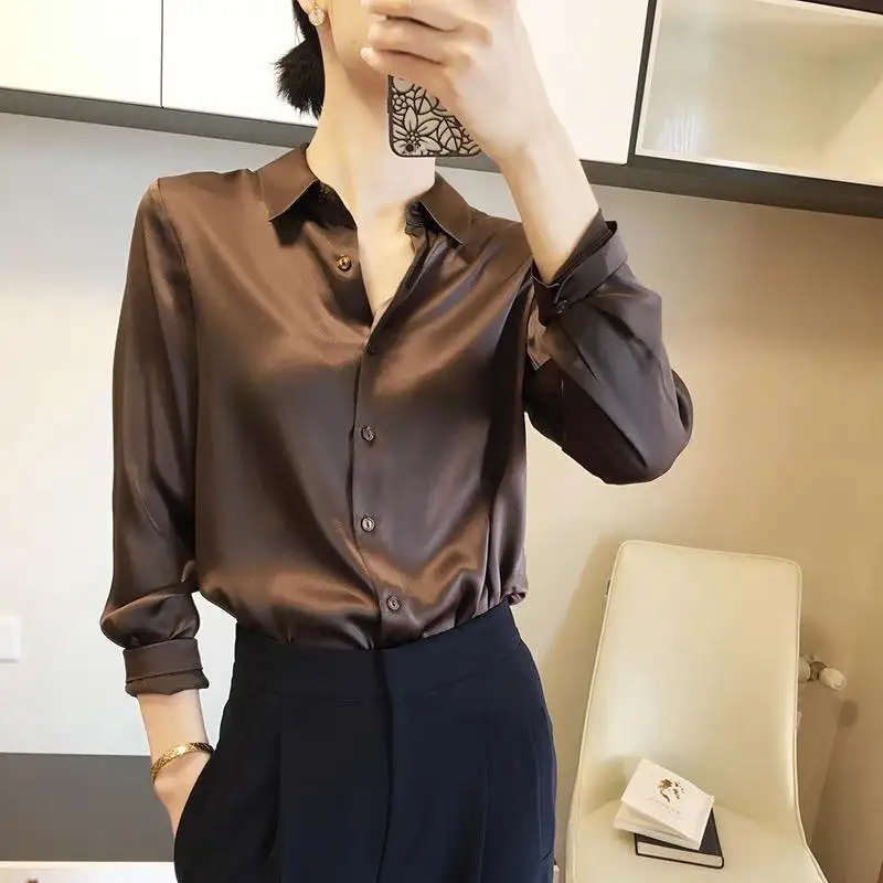 Top Trends: Fashion Lapel Button Solid Color Satin Shirt Women Clothing 2023 Spring New Loose Commute Tops All-match Casual Blouse Shoppable Styles