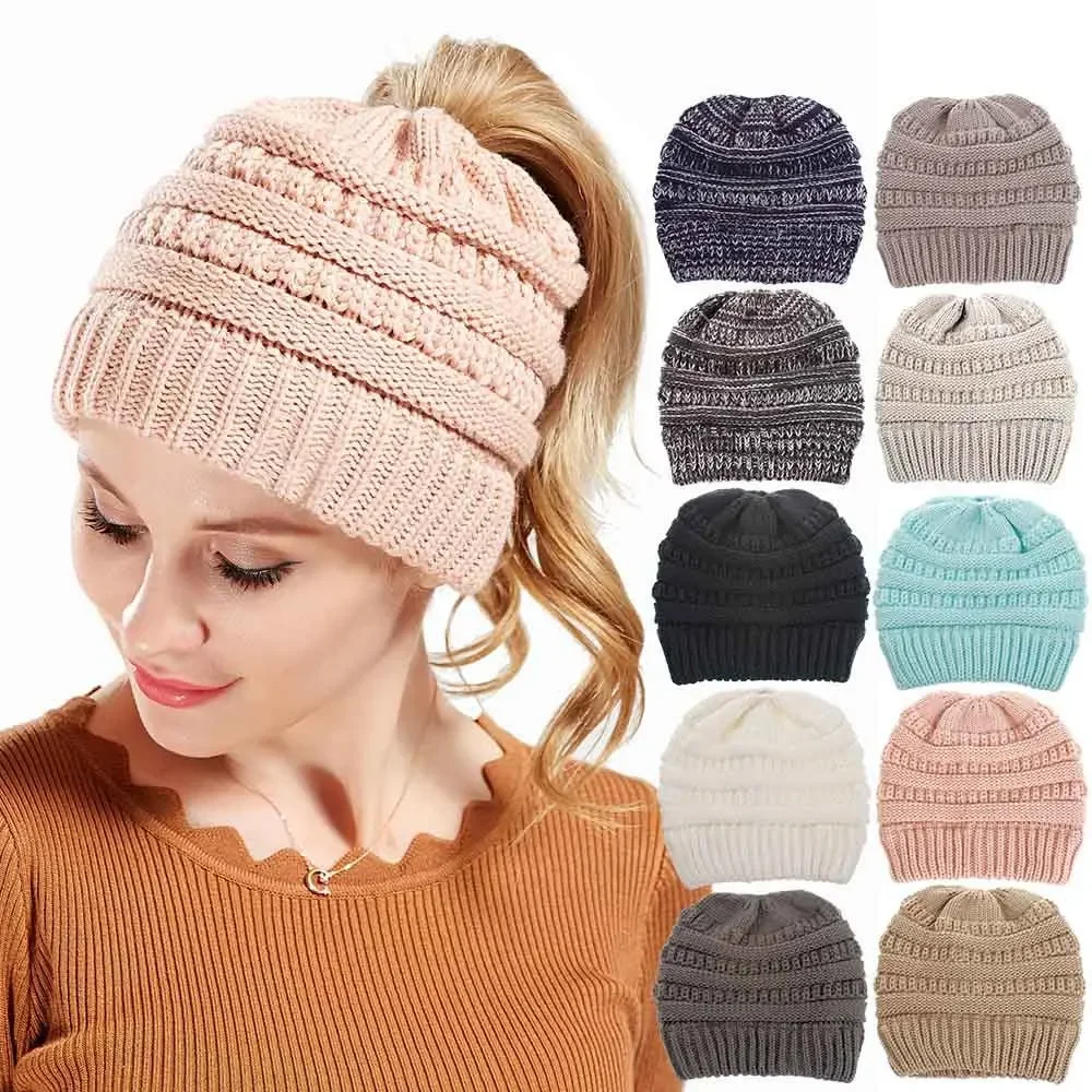 Top Trends: Winter Female Ball Cap Top Hole Hat For Women Girls Hat Knitted Beanies Cap Hat Thick Womens Lady Skullies Knit Beanies Shoppable Styles