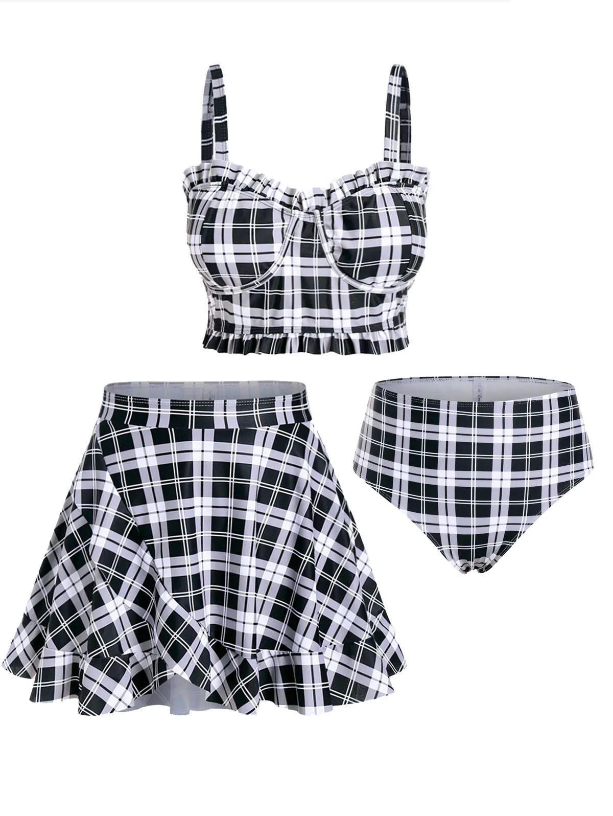 Top Trends: ROSEGAL Plus Size Padded Plaid Three Piece Swimwear Women Tankini Top, Briefs And Skirt Fashion High Waist Beachwear Bathing Suit Shoppable Styles