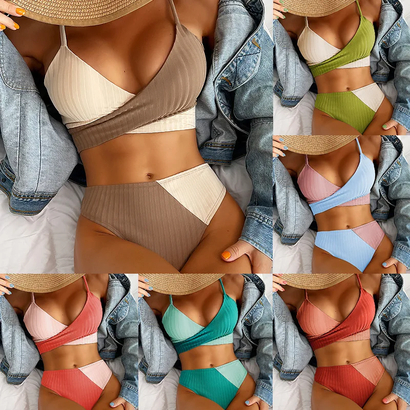 Top Trends: 2023 New Solid Color Color Matching Thick Pit Strip Cross Straps High Waist Women Bikini Sexy Swimsuit Shoppable Styles