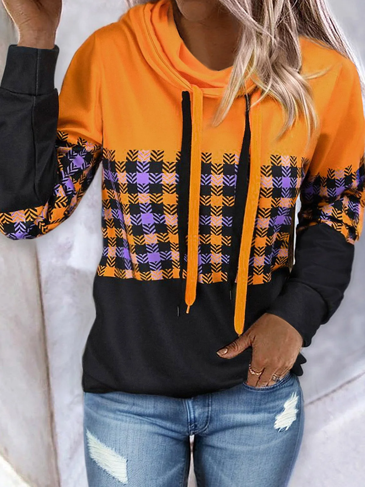 Top Trends: 2023 Autumn Winter Plaid Color Block Drawstring Sweatshirt Hoodies Women Pullovers Fashion Long Sleeve Tops Cozy Y2K Streetwear Shoppable Styles