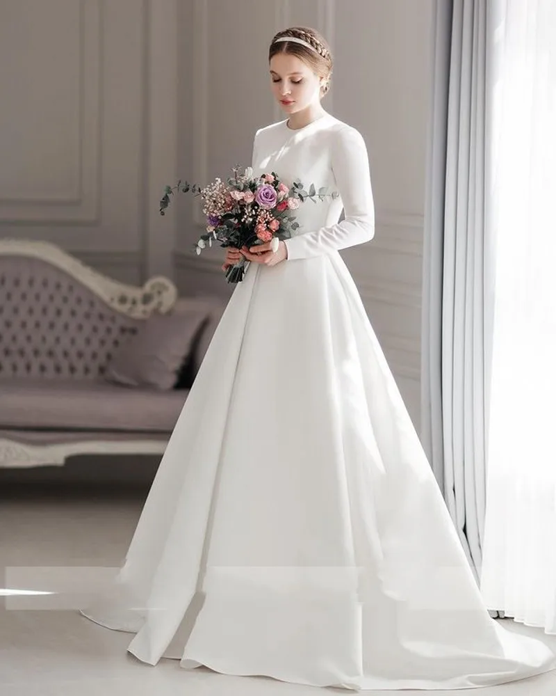 Top Trends: 2023Simplicity Elegant A-Line Wedding Dress Glamorous O-Neck Long Sleeve Bride Dresses Satin Muslim Bridal Gowns Robe De Mariée Shoppable Styles