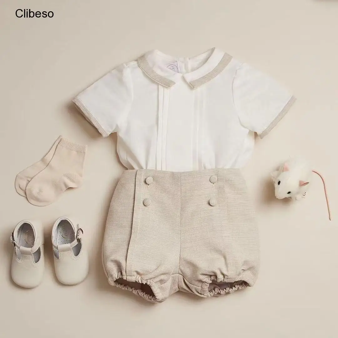 Top Trends: Clibeso Children Spanish Clothing Suit Baby Boy Summer Boutique Outfits White Shirt Khaki Shorts Boys EID Party Clothes Set Shoppable Styles