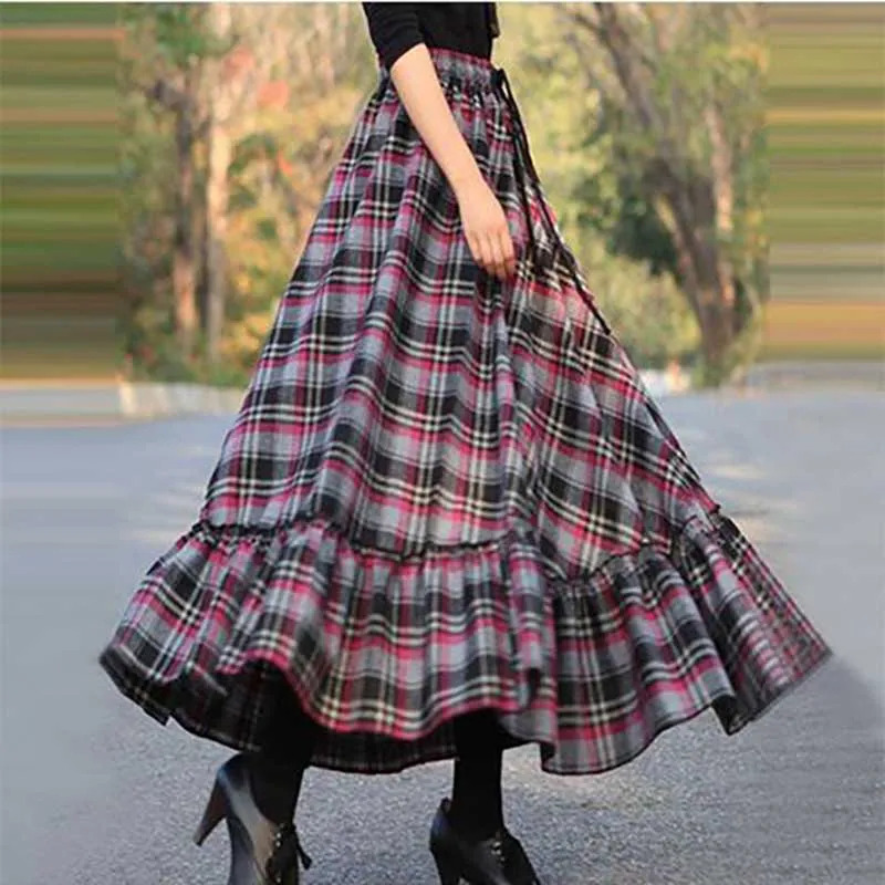 Top Trends: Fashion Loose Shirring Bandage Spliced Ruffles Plaid Skirts Women's Clothing 2024 Spring New Oversized All-match Long Skirts Shoppable Styles