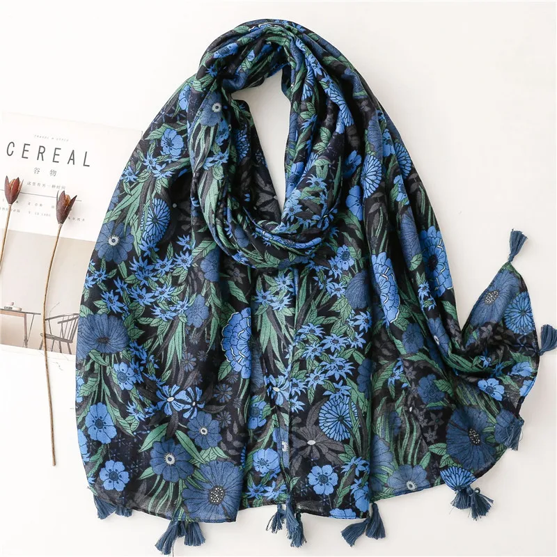 Top Trends: Aztec Abstract Navy Blue Floral Tassel Viscose Shawl Scarf High Quality Print Soft Foulards Bufandas Muslim Hijab Sjaal 180*90Cm Shoppable Styles