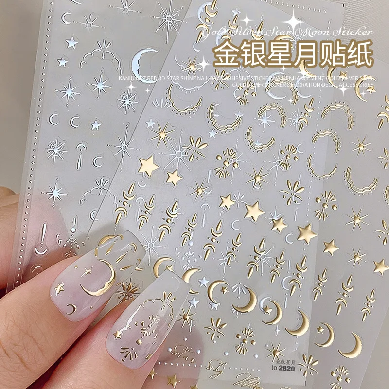 Top Trends: 3D Gold / Silver Star / Sun / Moon Bronzing Nail Art Sticker Laser Star Moon Styles Nail Decal Gold Silver Self-Adhesive Slider 1Pcs Shoppable Styles