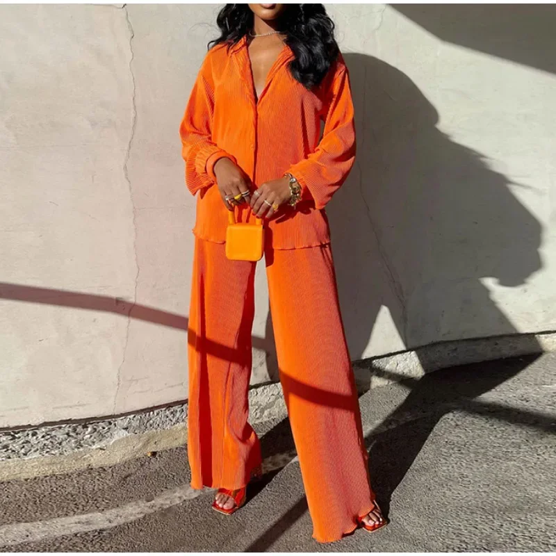 Top Trends: 2024 Spring Pleated Women Suit Tracksuit Long Sleeve Shirt Loose Wide-leg Pants Set Female Winter Warm Casual Soft Set Ladies Shoppable Styles