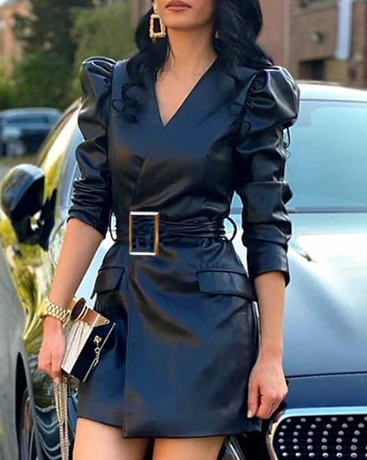 Top Trends: Womens Dresses 2023 Spring Fashion Pu Leather V-Neck Puff Sleeve Casual Long Sleeved Plain Daily Mini A Line Dress With Belt Shoppable Styles