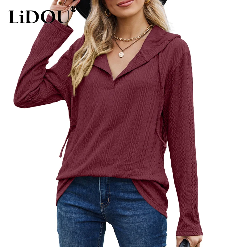 Top Trends: 2023 Spring Autumn Solid Color Hooded Drawstring Long Sleeve Sweatshirts Women Casual Loose Jacquard Weave All-match Pullovers Shoppable Styles