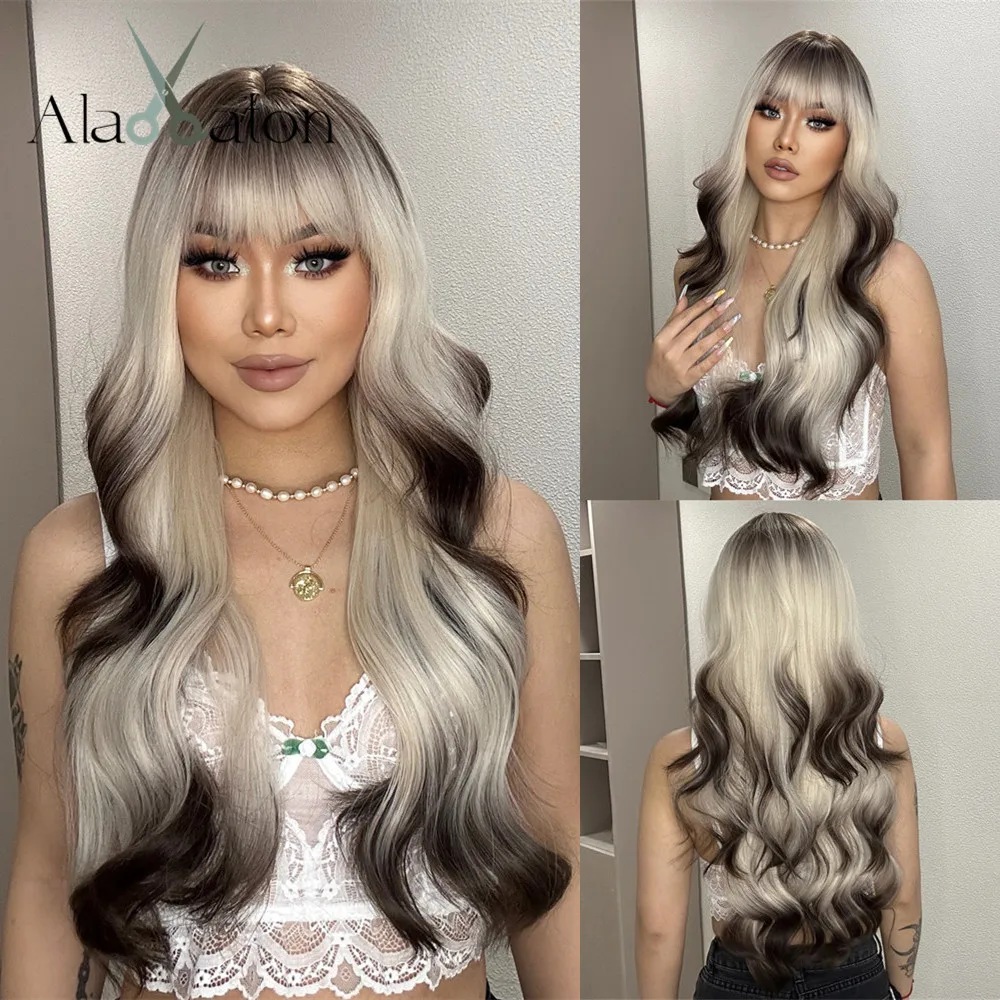 Top Trends: ALAN EATON Ombre Blonde Brown Wave Synthetic Wig Long Natural Looking Hair Wigs With Bangs For Women Daily Heat Resistant Fiber Shoppable Styles