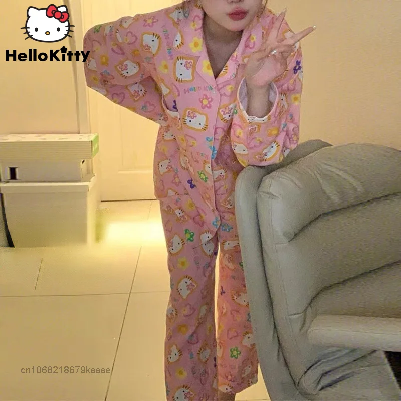 Top Trends: Sanrio Hello Kitty New Pink Home Clothes Y2k Top Pants 2 Piece Set Women Pajamas Spring Kawaii Sleepwear Suits Female Clothing Shoppable Styles