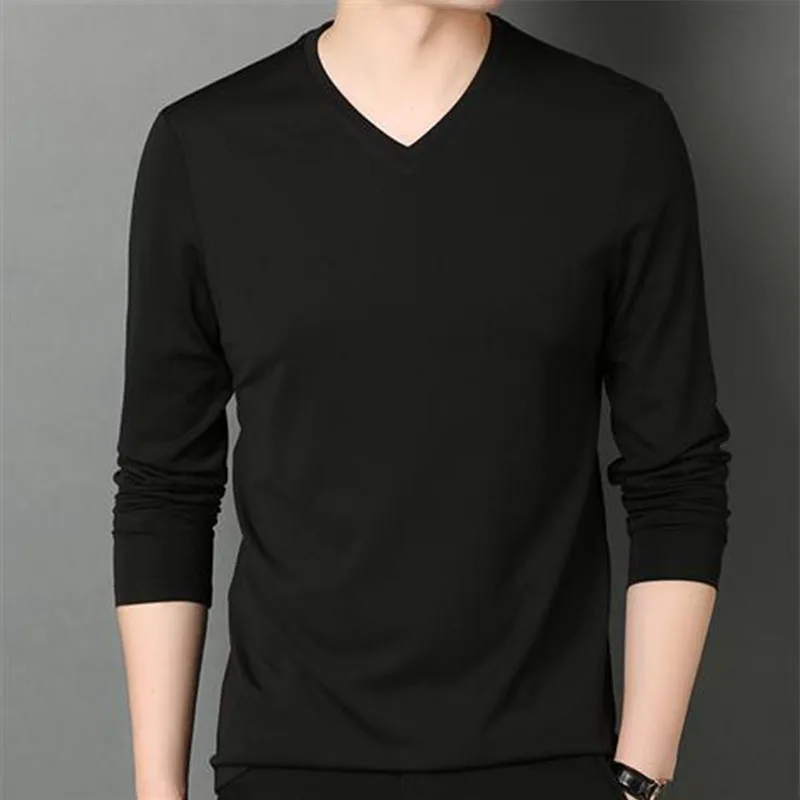 Top Trends: Fashion Men Solid Basic T-Shirts Spring Autumn Male Clothes V-Neck Tee Long Sleeve Bottoming Thin Slim Casual Pullover Tops 5XL Shoppable Styles