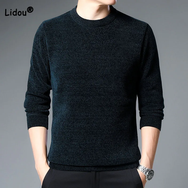 Top Trends: Autumn Winter Thick Warm Men&#039;s Solid Color Round Neck Sweaters 2023 Trend All-match Long Sleeve Knitted Pullovers Male Clothes Shoppable Styles