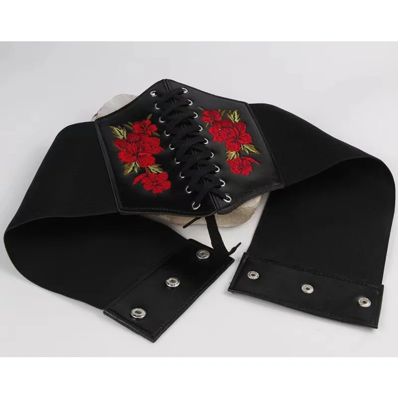 Top Trends: Women's Corset Belt Gothic Fashion PU Flower Embroidery Cummerbunds Female Slimming Waist Band Vintage Black Wide Belt For Girl Shoppable Styles - Image 3