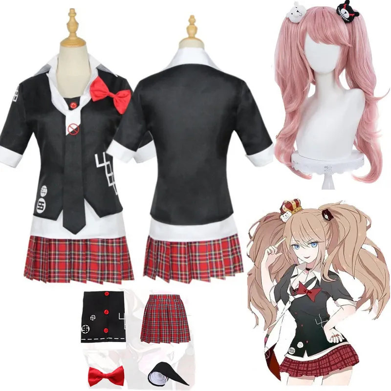 Top Trends: Anime Danganronpa Enoshima Junko Cosplay Costume Uniform Cafe Work Clothes Short Skirt Double Tail Braid Wig Halloween Costume Shoppable Styles