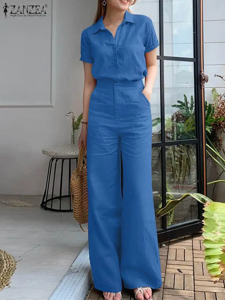 Top Trends: ZANZEA Summer Fashion Suit Lapel Short Sleeve Shirt Wide Leg Pants 2pcs Woman Vintage Office OL Matching Sets Casual Tracksuits Shoppable Styles