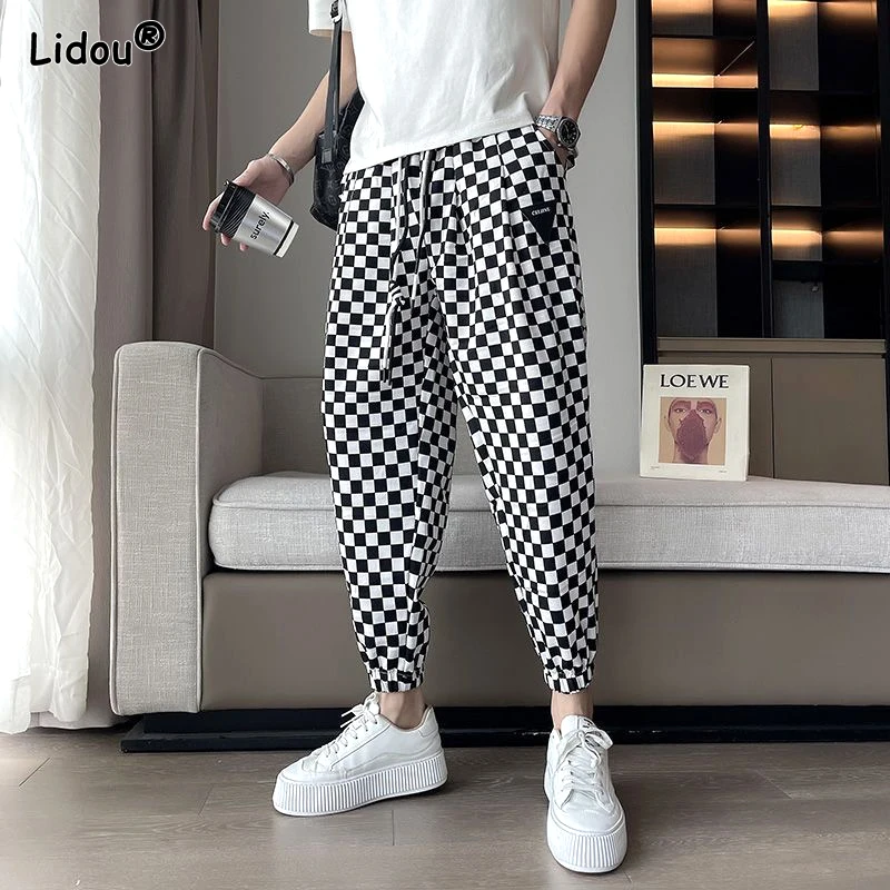 Top Trends: 2023 New Summer High End Korean Fashion Trendy High Waist Lace Up Pocket Checkerboard Print Casual Tie Feet Men's Harlan Pants Shoppable Styles