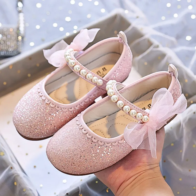 Top Trends: Glass Slipper Pink Girls Princess Shoes For Wedding Party Dance Kids Leather Shoes Bling Bling Bows Children Performance Shoes Shoppable Styles