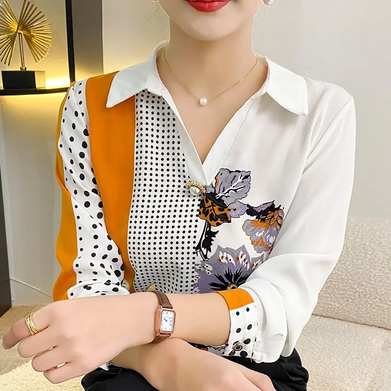 Top Trends: Women's Clothing Fashion Vintage Printed Spliced Long Sleeve Shirt Autumn Korean Casual Polo-Neck Beading Blouse For Female Shoppable Styles - Image 5