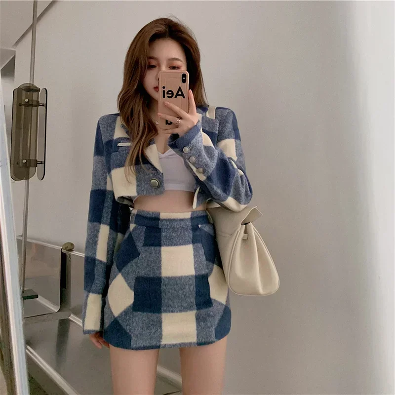 Top Trends: 2023 Sweet Short Plaid Blazer Suit Two Piece Set Summer Women Woollen Casual Office Blazer Girl Chic Cute High Waist Skirt Suits Shoppable Styles