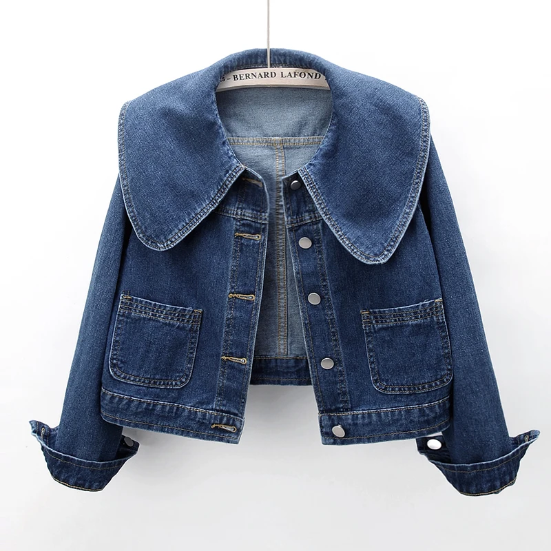 Top Trends: Peter Pan Collar Denim Jackets For Women Korean Fashion Long Sleeves Button Jean Coat Vintage Crop Female Casual Loose Outwear Shoppable Styles