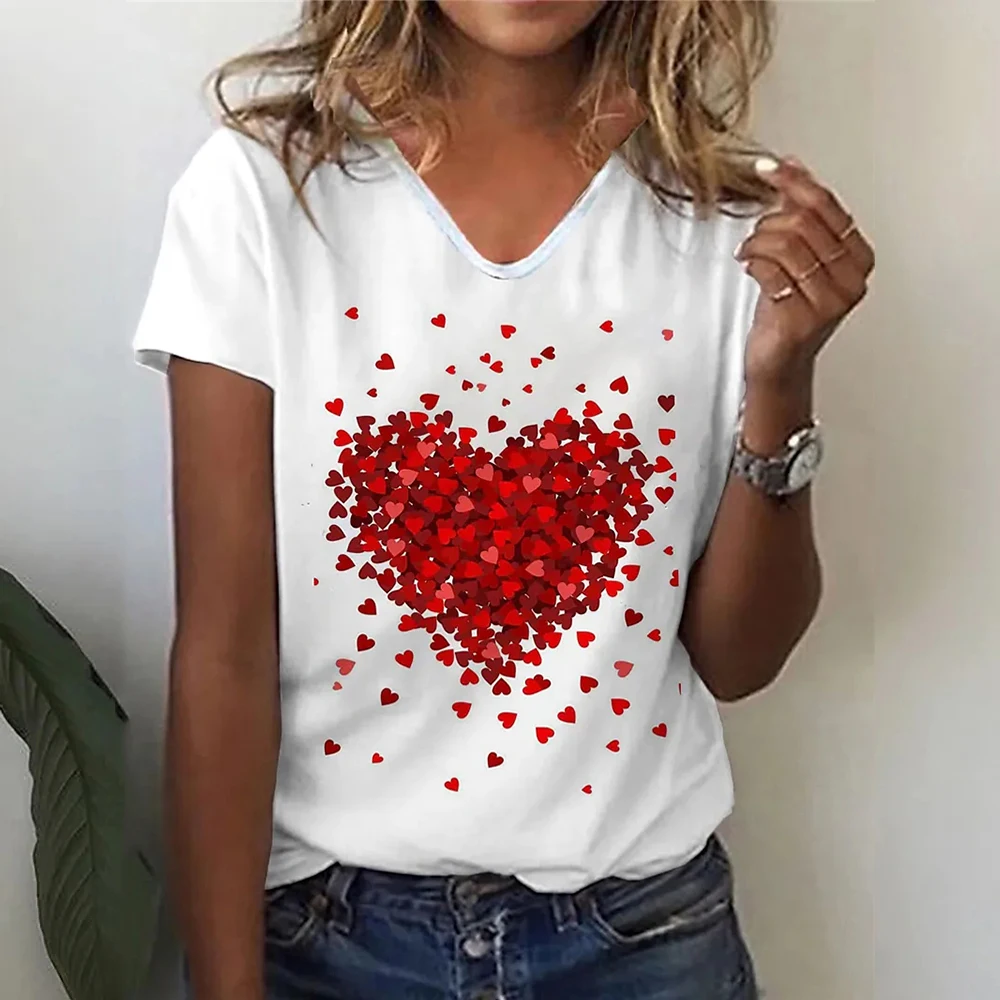 Top Trends: Fashion Women's T Shirt Love Print V-neck Female Short Sleeve Harajuku Tops Ladies T-shirts Oversized Tee Shirt Women Clothing Shoppable Styles