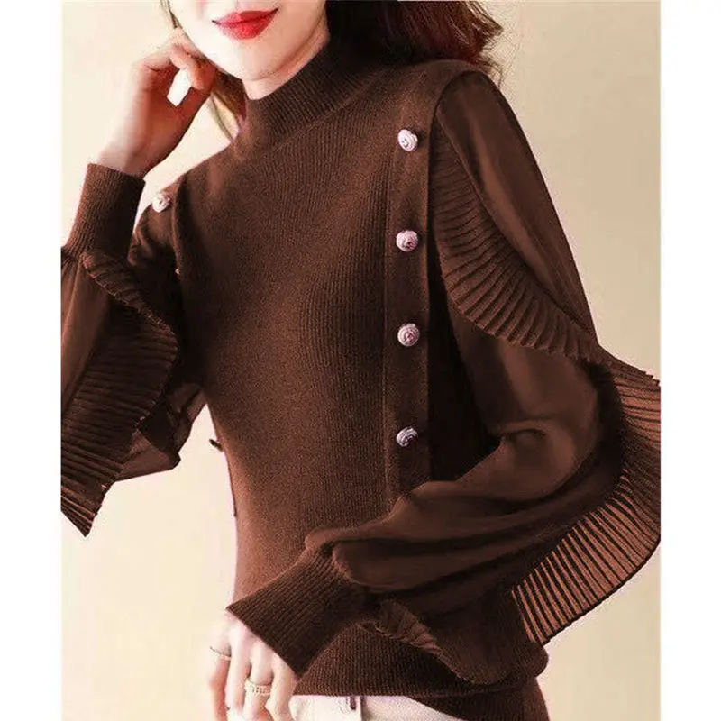 Top Trends: Women&#039;s Clothing Casual And Versatile Oversize Autumn Winter New Spliced Button Solid Color Half High Neck Long Sleeve Pullover Shoppable Styles