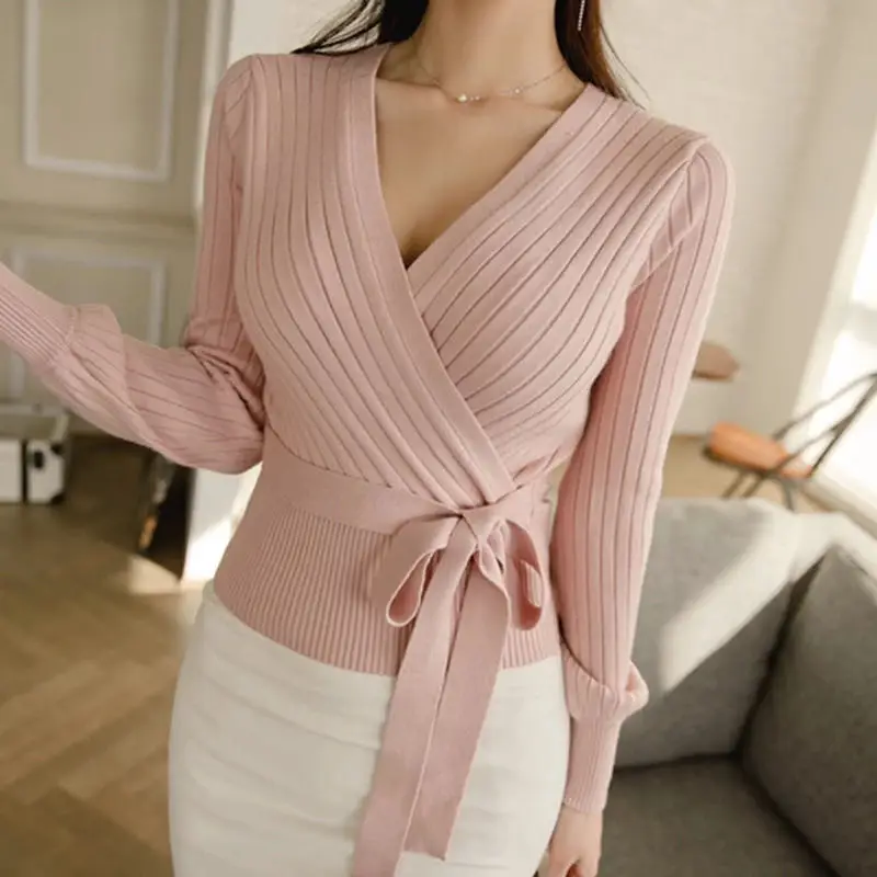 Top Trends: Korean Fashion Short Knitted Top Women Elegant Spring Autumn V-Neck Lantern Sleeve Lace-Up Slim Pink Sweater Lady Sexy Knitwear Shoppable Styles