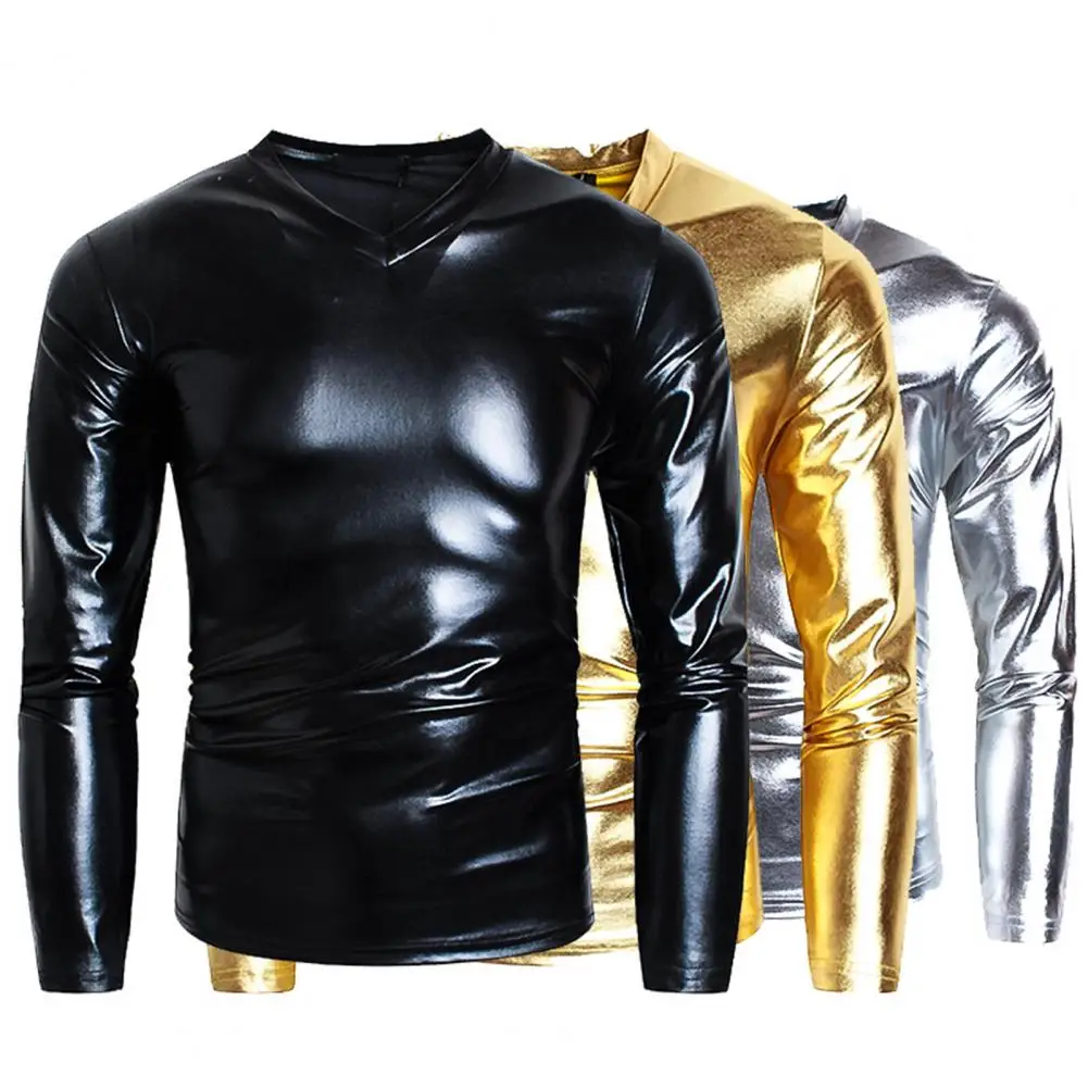 Top Trends: Men T-shirt Glossy Appearance Solid Color Long Sleeve Top V Neck Slim Fit T-shirt Nightclub Party Performance Costumes Shoppable Styles - Image 3