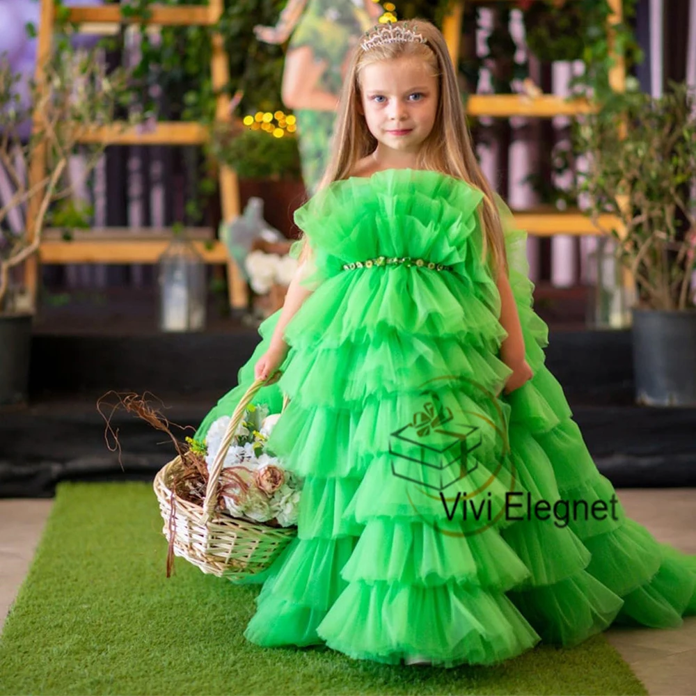 Top Trends: Green Tiered Flower Girls Dresses With Crystal 2023 Summer New Sweep Train Christmas Gowns New Zipper Back فلور فتاة اللباس Shoppable Styles - Image 3