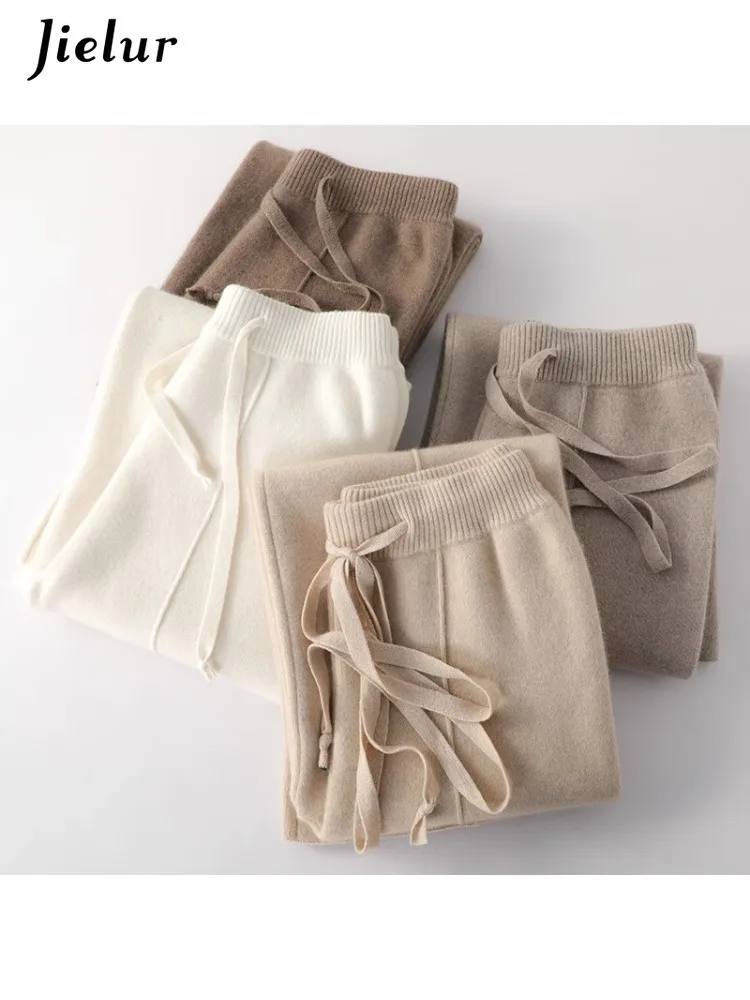 Top Trends: Jielur New Women's Solid Color Casual Knitted Wool Pants Korean Fashion Versatile High Waist Women Drawstring Wide Leg Pants Shoppable Styles