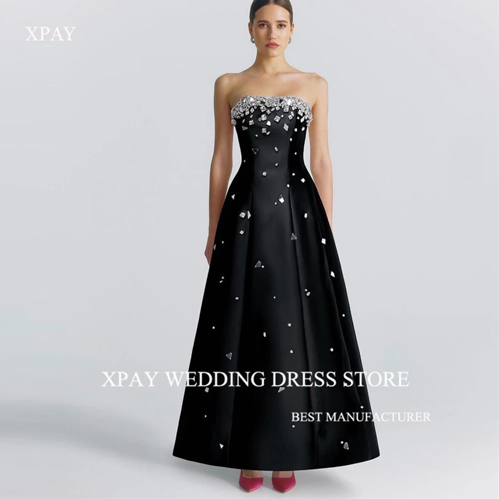 Top Trends: XPAY Sparkly Stones Black Evening Dresses Dubai Arabic Women Strapless Satin Ankle Length Prom Formal Gowns Special Occasion Shoppable Styles