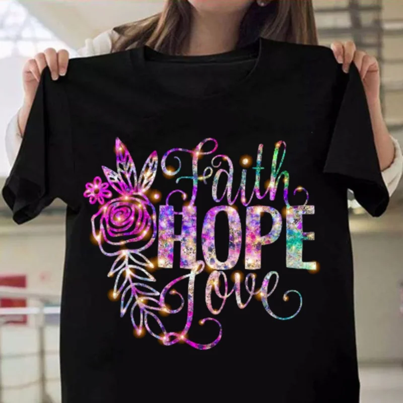 Top Trends: FAITH HOPE LOVE Purple Flower Print Women T Shirt Short Sleeve O Neck Loose Women Tshirt Ladies Tee Shirt Tops Camisetas Mujer Shoppable Styles