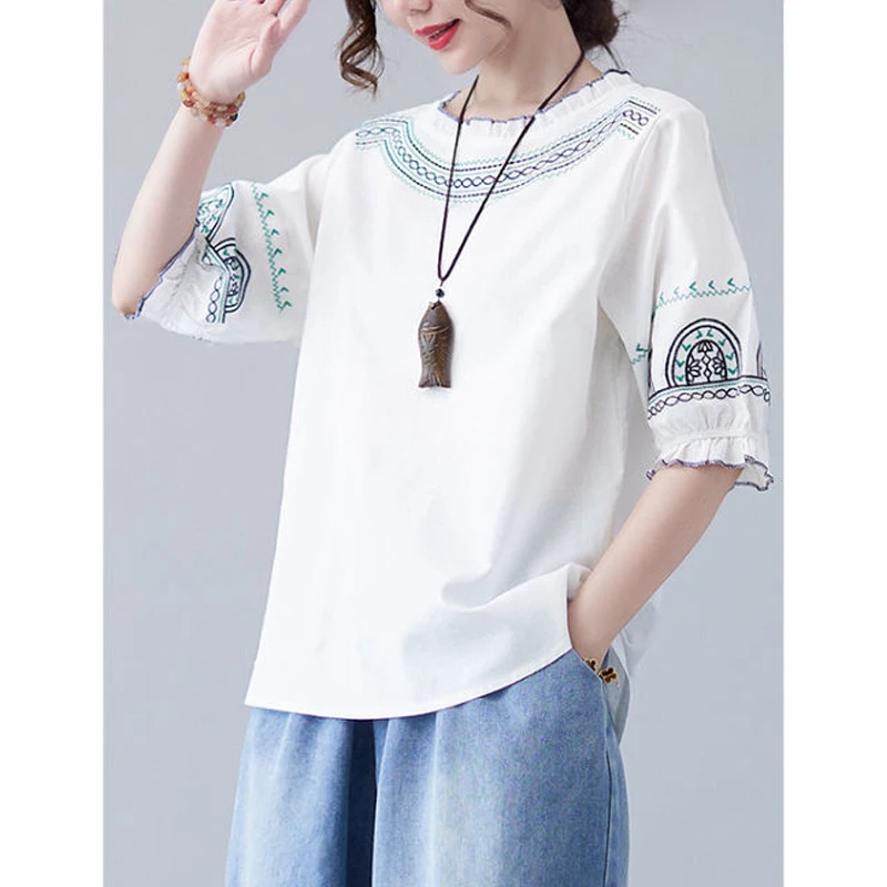 Top Trends: Retro Ethnic Style Embroidery Ruffle Chic Cotton Linen Ladies Tops Blouses Summer Round Neck Loose Half Sleeve Shirts For Women Shoppable Styles - Image 5