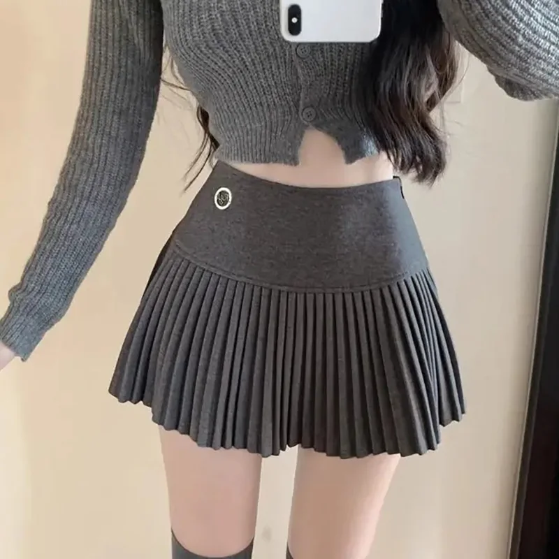 Top Trends: HOUZHOU Woolen Pleated Skirt Women Korean Cute Sexy High Waist A-line Coquette Extreme Mini Skirt Autumn Winter Vintage School Shoppable Styles