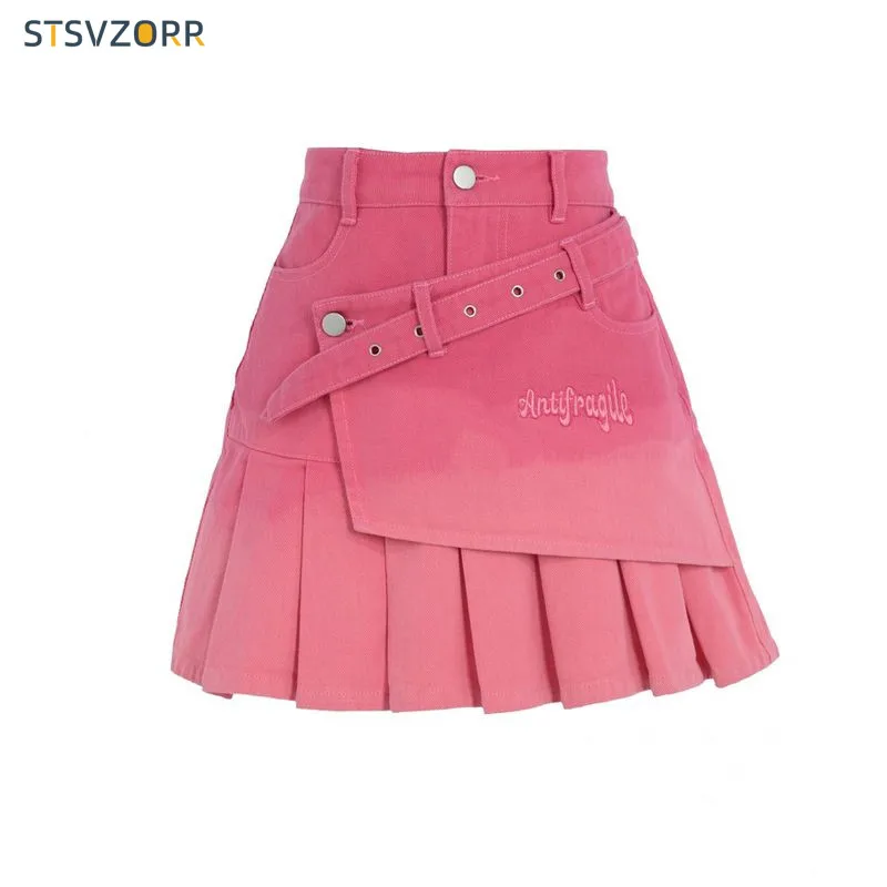 Top Trends: STSVZORR Pink Embroidered Denim Skirt For Women's Summer New Y2K Patchwork Fake Two-piece A-line Pleated Skirt Shoppable Styles