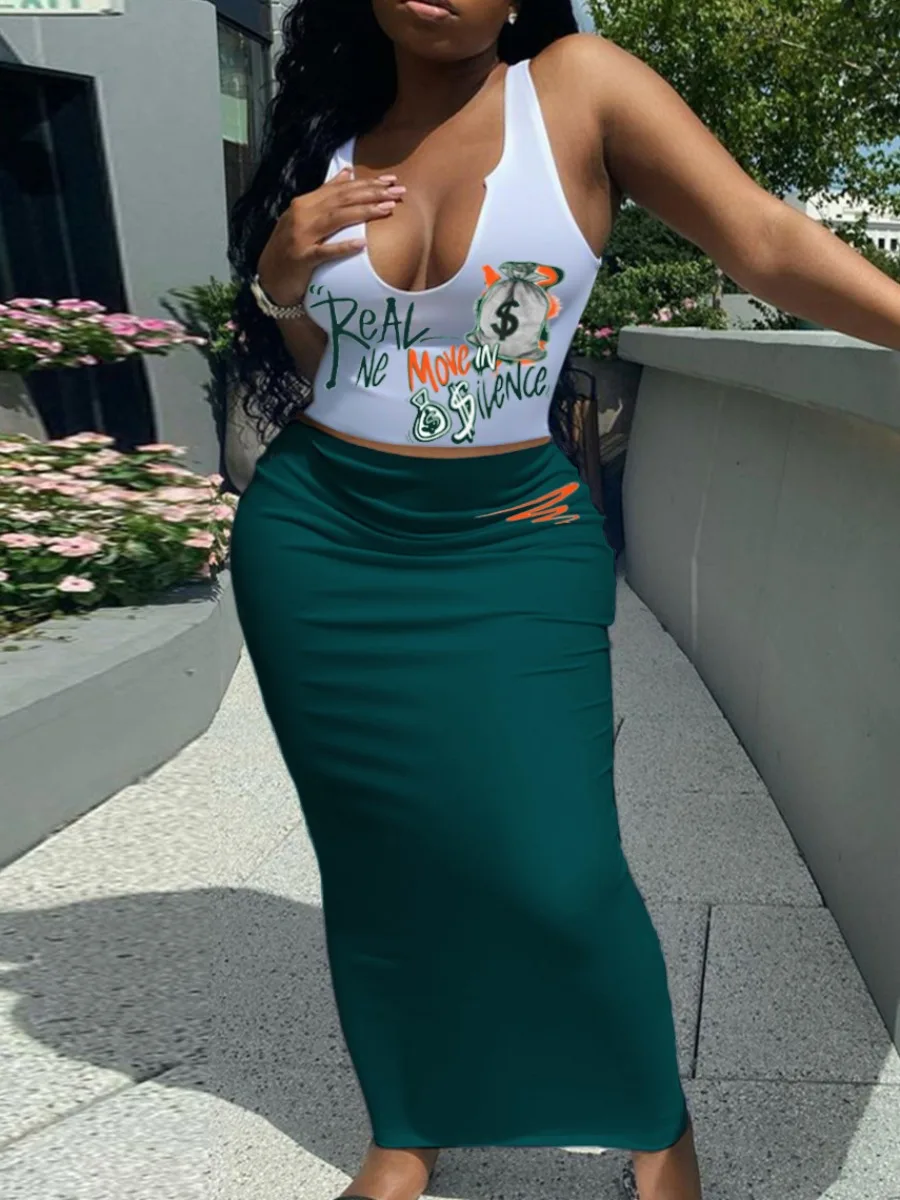 Top Trends: LW Letter Graffiti Print Two Pieces Dresses Suits Sleeveless White Crop Cami Top&amp;Long Skinny Skirt Set Women&#039;s Summer Clothings Shoppable Styles