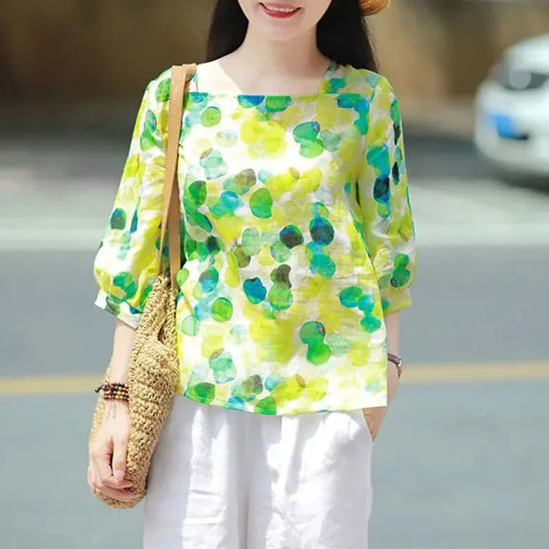 Top Trends: 2023 New Summer Fashion Retro Playful Square Neck Exquisite Printing Fresh And Artistic Versatile Loose Casual Women&#039;s Shirt Shoppable Styles