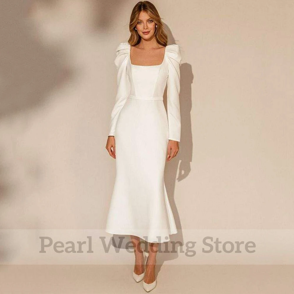 Top Trends: Vintage Square Collar Long Sleeve Wedding Dress With Belt Open Back Mermaid Mid-Calf Bridal Custom Made Civil Marriage Gowns Shoppable Styles - Image 3