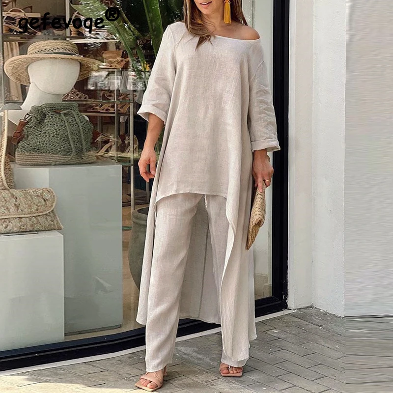 Top Trends: 2 Piece Sets Women Outfit Spring Autumn Elegant Irregular Tunic Tops Oversized Cotton Linen Blouse Straight Pants Female Clothes Shoppable Styles