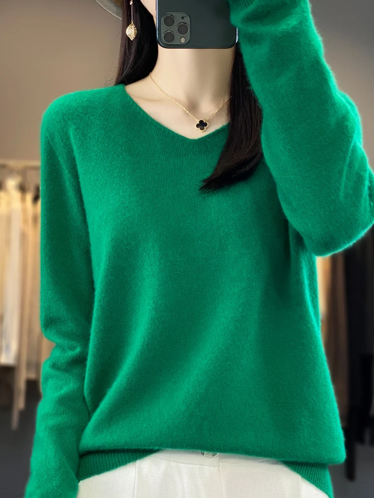 Top Trends: Autumn Winter Women Clothing Pullovers Aliselect New Fashion 100% Merino Wool Sweater V-Neck Long Sleeve Quality Knitwears Tops Shoppable Styles