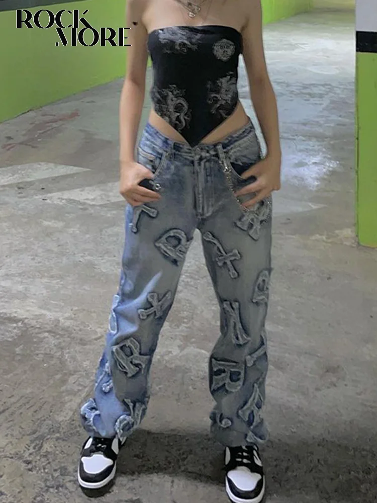 Top Trends: Rockmore Patchwork Women&#039;s Jeans Y2K Streetwear Baggy Straight Cargo Pants Punk High Waist Wide Leg Denim Trousers 90s Vintage Shoppable Styles