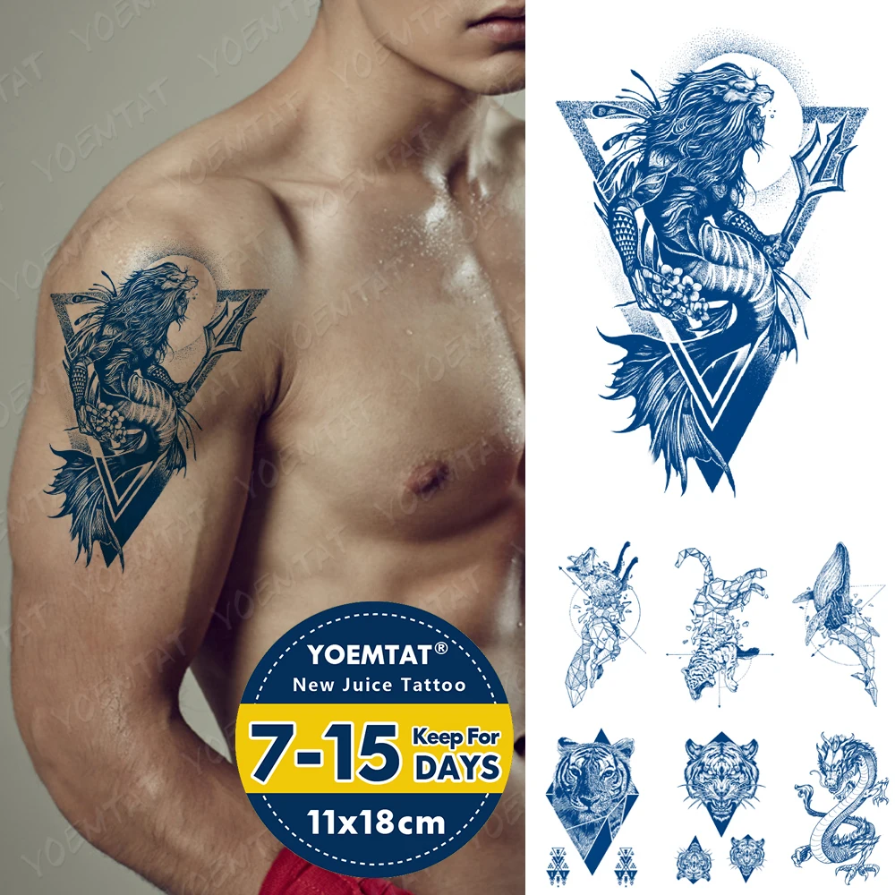 Top Trends: Blue Lasting Ink Juice Waterproof Temporary Sticker Poseidon Fox Tiger Dragon Whale Body Fake Tatoo Men Women Everink Tattoos 3D Shoppable Styles