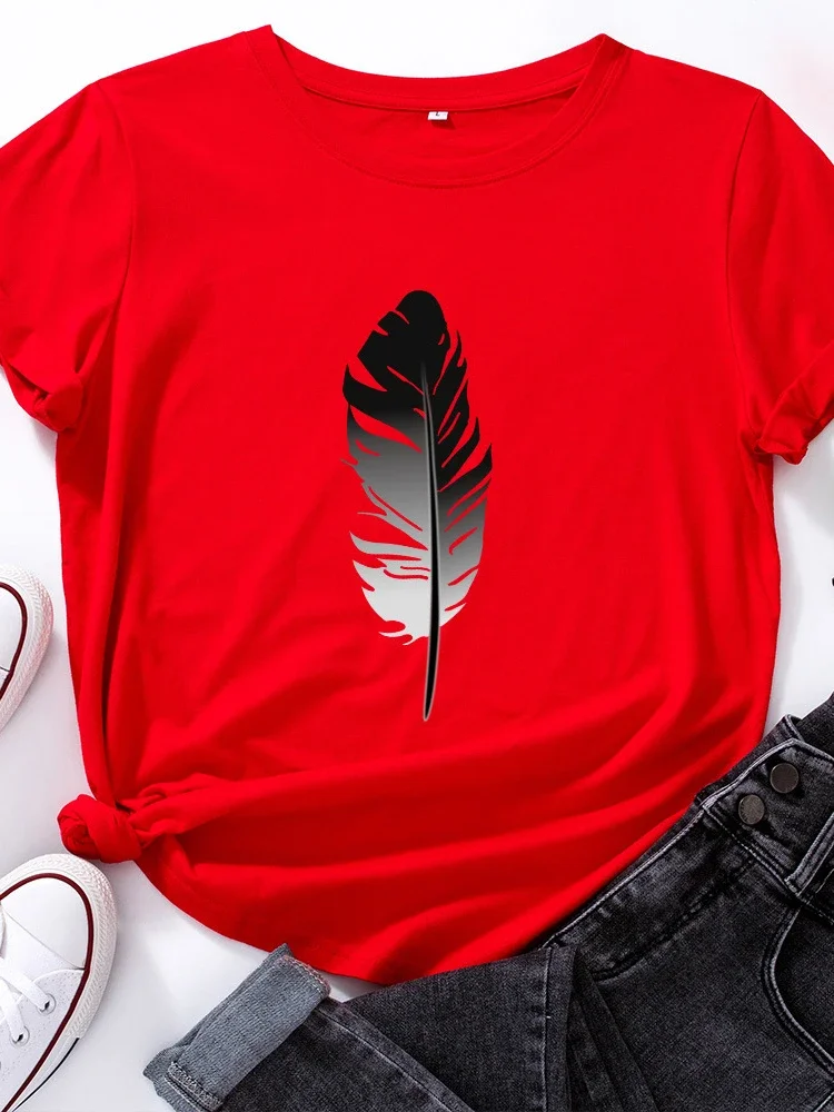 Top Trends: Black Feather Print T Shirt Women Short Sleeve O Neck Loose Tshirt Summer Women Tee Shirt Tops Camisetas Mujer Shoppable Styles