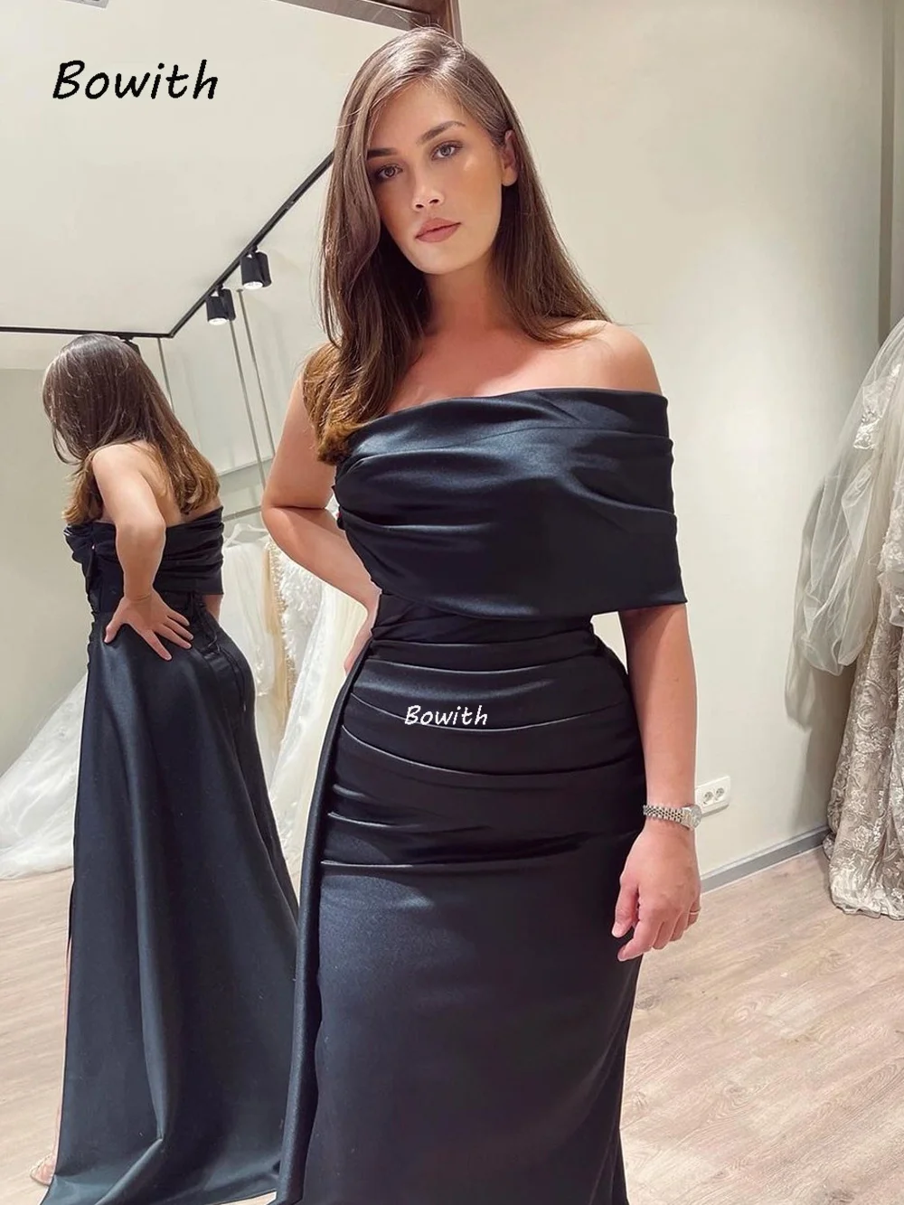 Top Trends: Bowith Satin Formal Evening Party Women Dresses Pleats With Side Train Draped High Slit Prom Dress Elegant Party Gown Wedding Shoppable Styles - Image 5