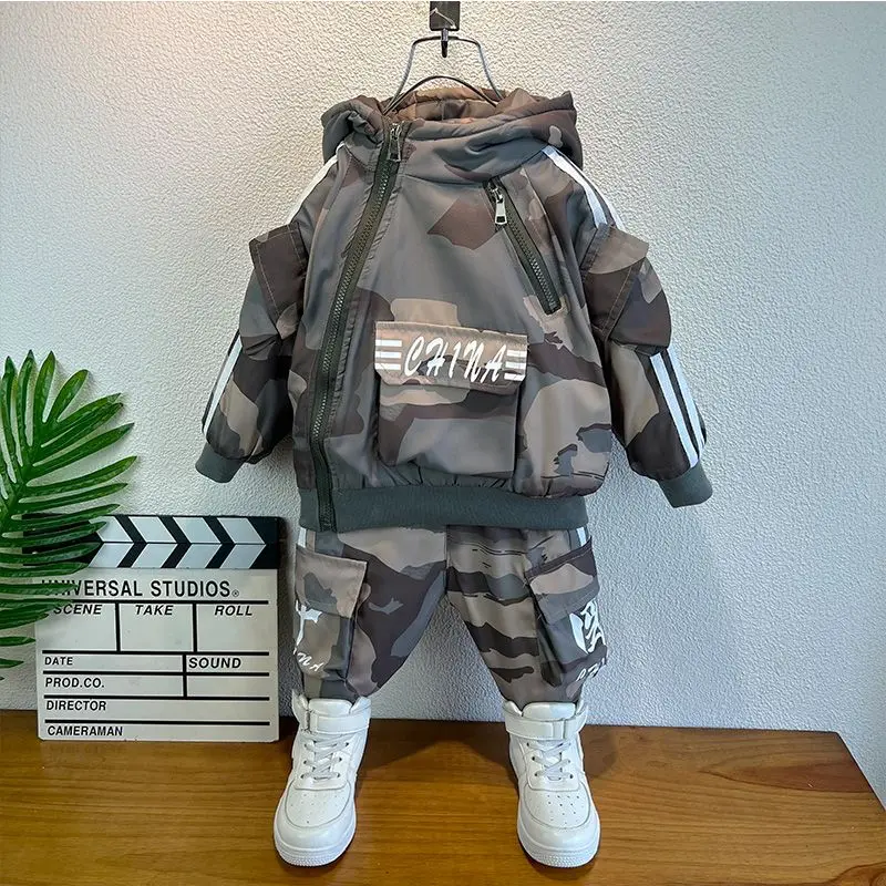 Top Trends: Boys&#039; Baby Clothes Set Autumn And Winter New Children&#039;s Hooded Thickened Camo Sweater Pants 2 Piece Set Shoppable Styles