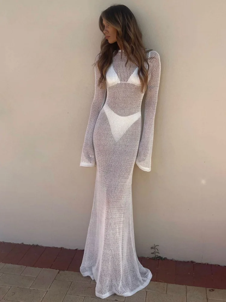 Top Trends: Long Sleeve Knit Beach Dress Women Sexy See Through Slim Maxi Dress Summer Elegant Solid Backless Long Dress Holiday Outfit 2023 Shoppable Styles