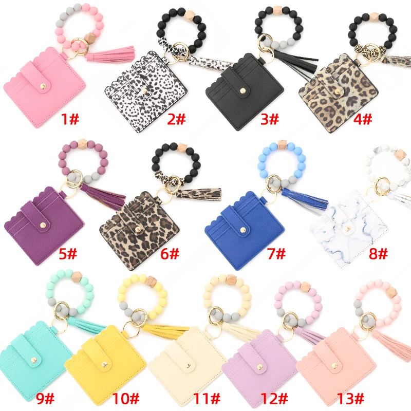 Top Trends: Silicone Bead Bracelet Solid Leather Card Bag Wristlet Keychain Silicone Beaded Bracelet Leather Tassel Wallet Bangle Shoppable Styles