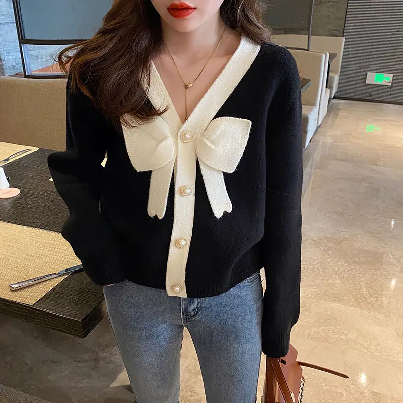 Top Trends: Fashion Sweet Female Bow Spliced V-Neck Knitted Cardigan Autumn Winter Fashion Single-breasted Short Sweaters Women&#039;s Clothing Shoppable Styles