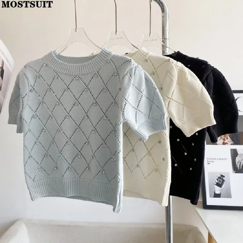 Top Trends: Diamonds Argyle Knitted Korean Sweater Women 2023 Summer Short Sleeve O-neck Knitwear Pullover Elegant Stylish Chic Tops Jumpers Shoppable Styles